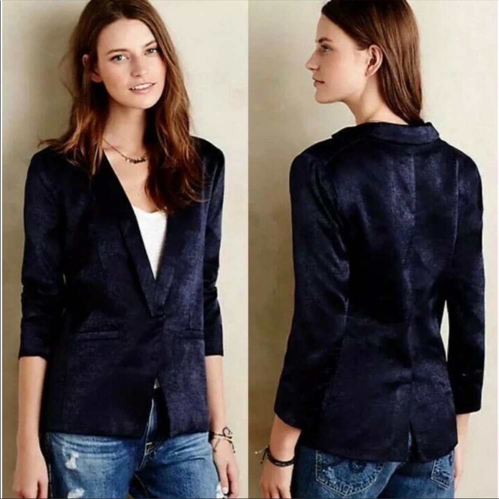 Anthropologie Capulet Navy Blue Notch Collar Satin Boyfriend Blazer NWT